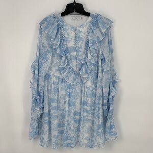 🎸 In the Style toile  Long Sleeve Blue Ruffled Dress